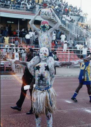 These tatoo figures excited the over 40,000 soccer fans who were at the Accra Sports Stadium for the Black Stars - Rwanda match